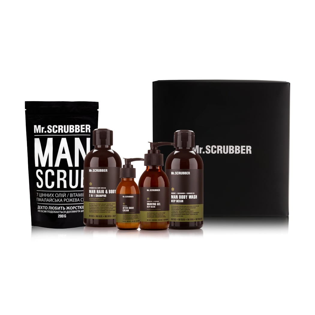 Набір Mr.Scrubber Man (кавовий скраб для тіла, 200 г + крем після гоління, 100 мл + шампунь для волосся і тіла, 250 мл + парфумований чоловічий гель для душу, 250 мл + гель для гоління, 125 мл)